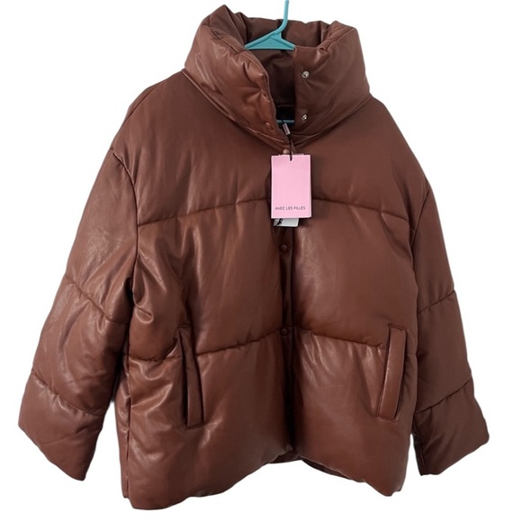 NWT Avec Les Filles Fuax Leather Puffer Coat Brown Large - Picture 1 of 16